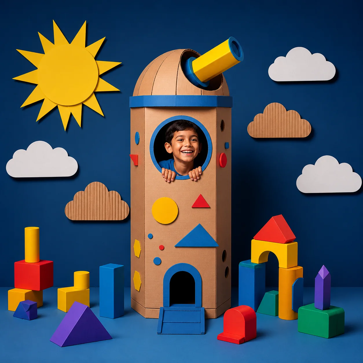 A child exploring geometry through a handmade discovery observatory