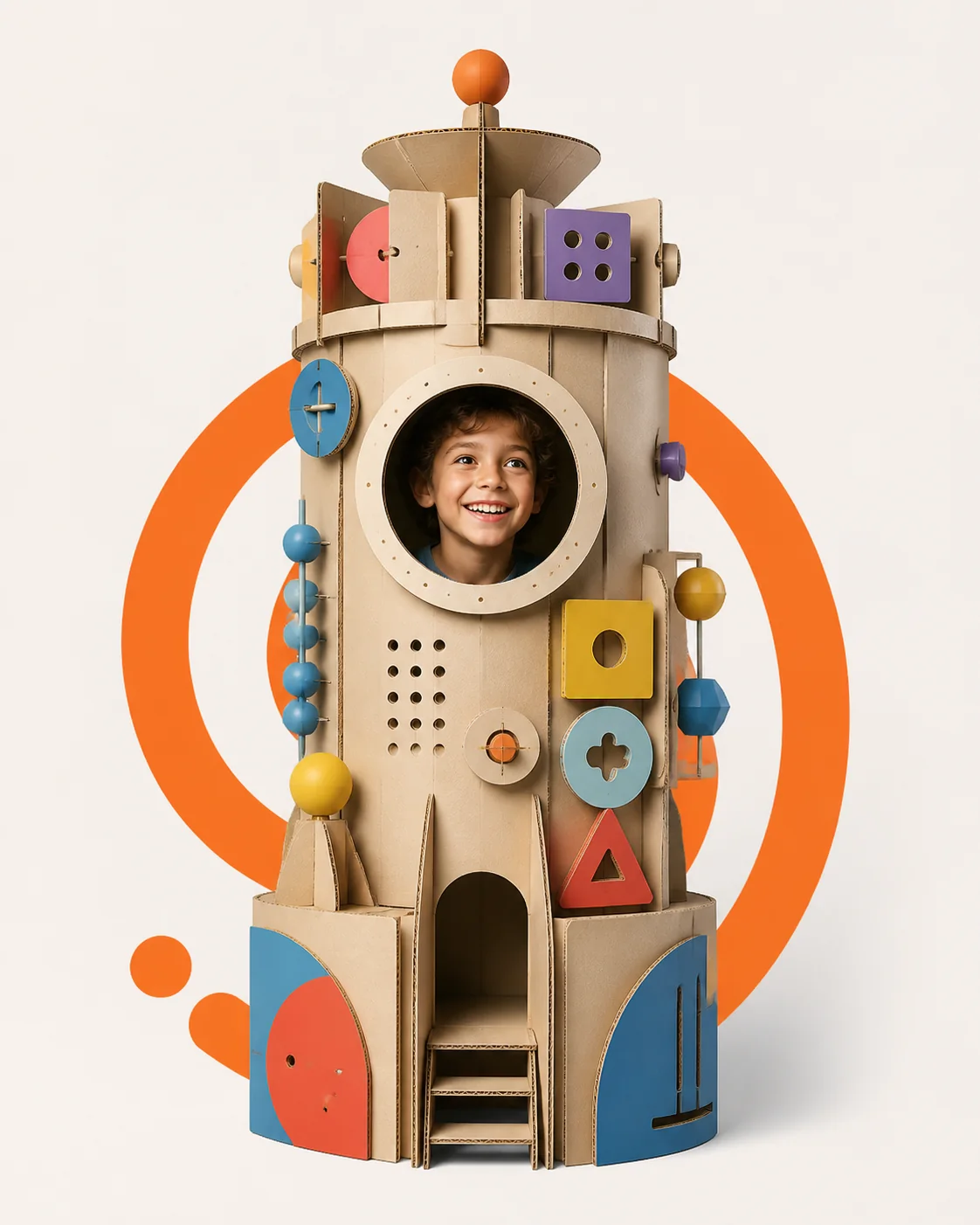 A child inside a handcrafted geometric discovery tower