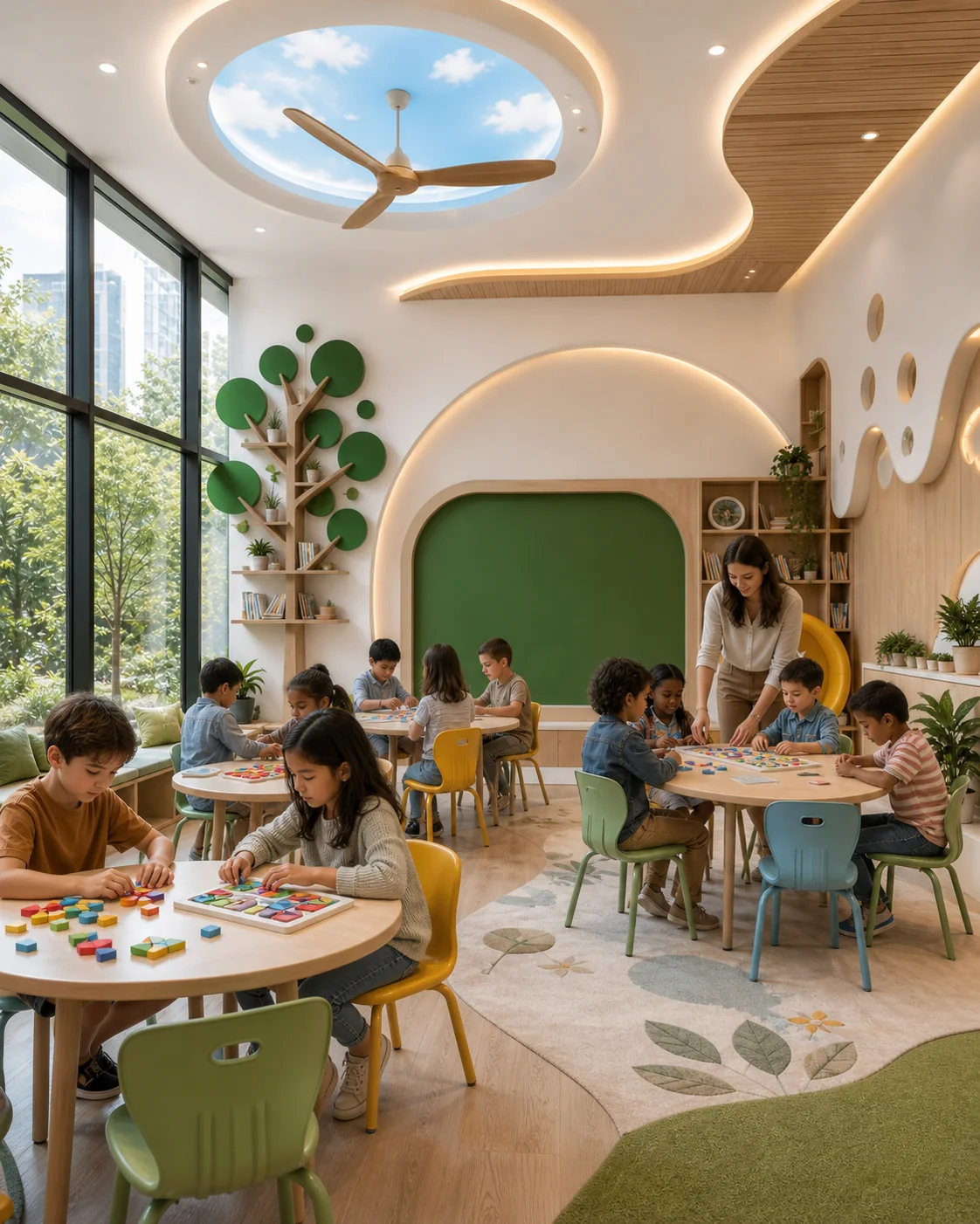A bright modern primary classroom with children learning in small groups