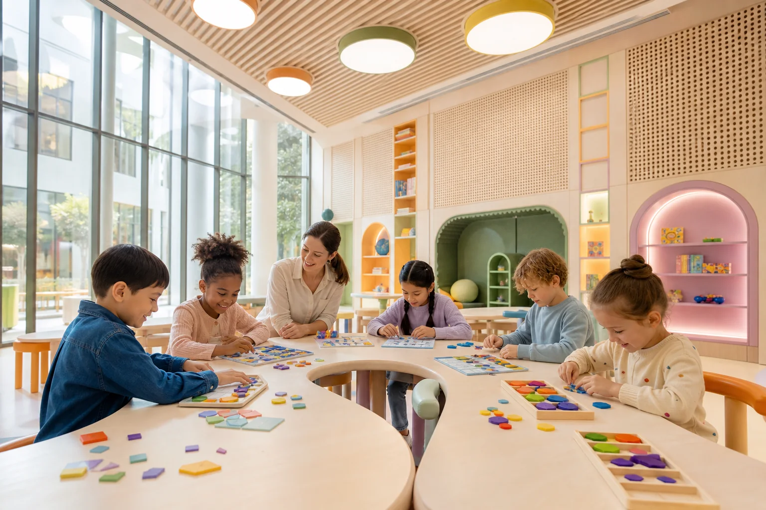 Primary learners exploring colorful logic games together in a contemporary classroom