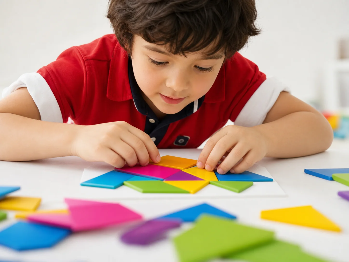 A learner comparing colorful shapes and spatial relationships