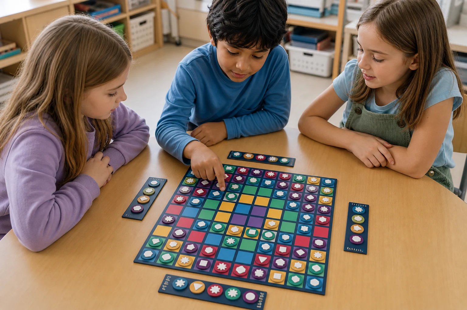Three primary learners comparing symbols and planning a move on the Zippy game board
